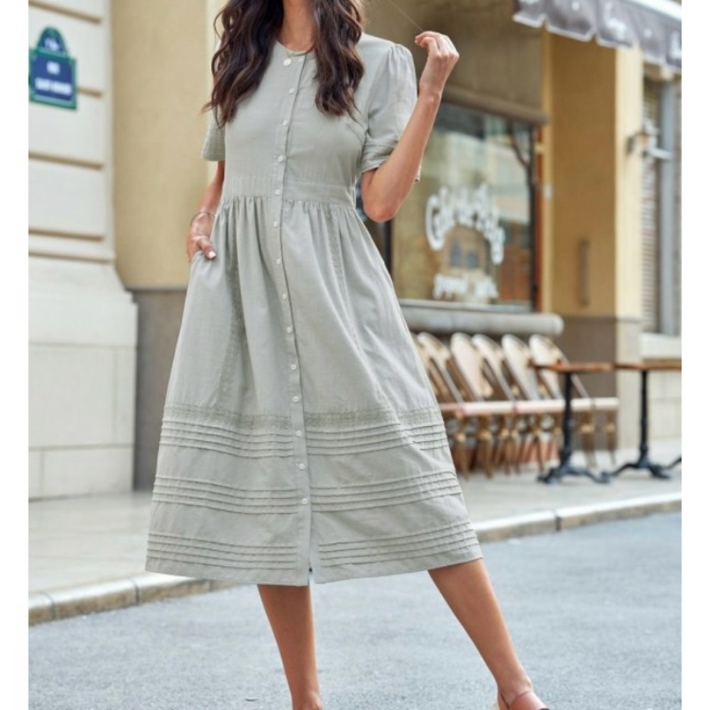 Petallush Round Neck Button Cotton Midi Dress